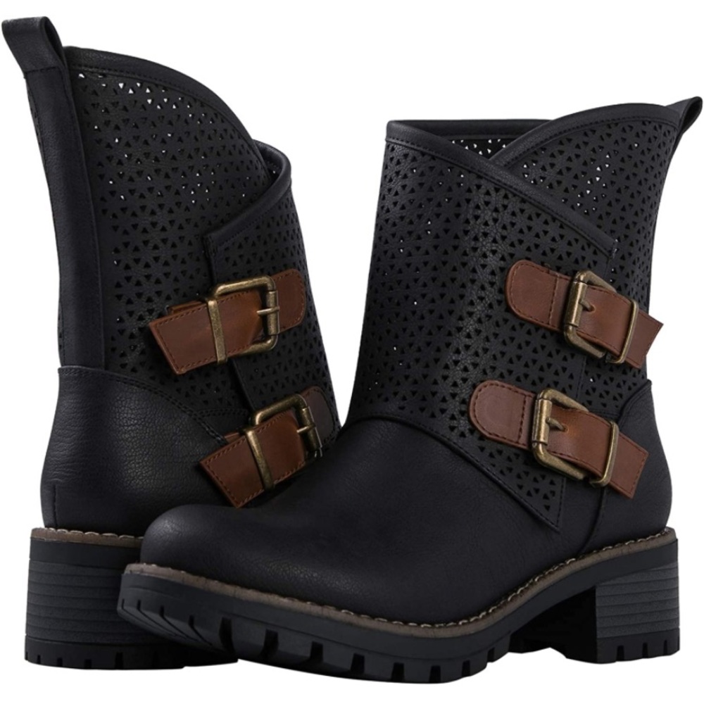 Black Buckle Vegan Premium Synthetic Leather Mid Calf Mesh Boots